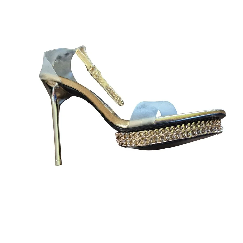 Jessica Rich Gold Chain Platform Heels Sandals Clear Strap Stiletto Size 40